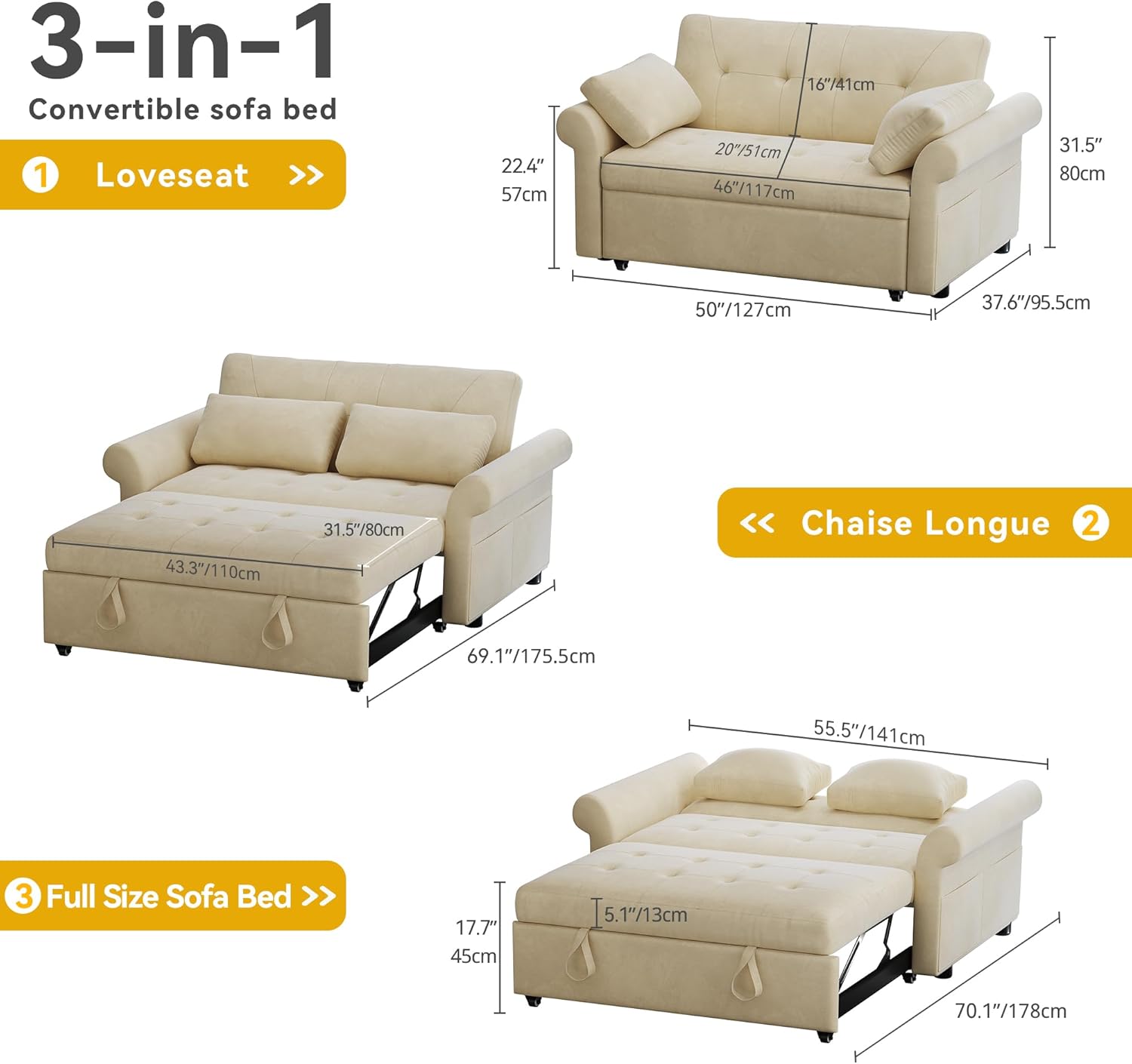 DWVO 3 in 1 Sleeper Sofa Bed, 56 Inch Convertible Loveseat Sofa with Pullout Bed, Reclining Backrest, Storage Pockets, Modern Space Lounge Furniture for Living Room, Includes Toss Pillows, Beige