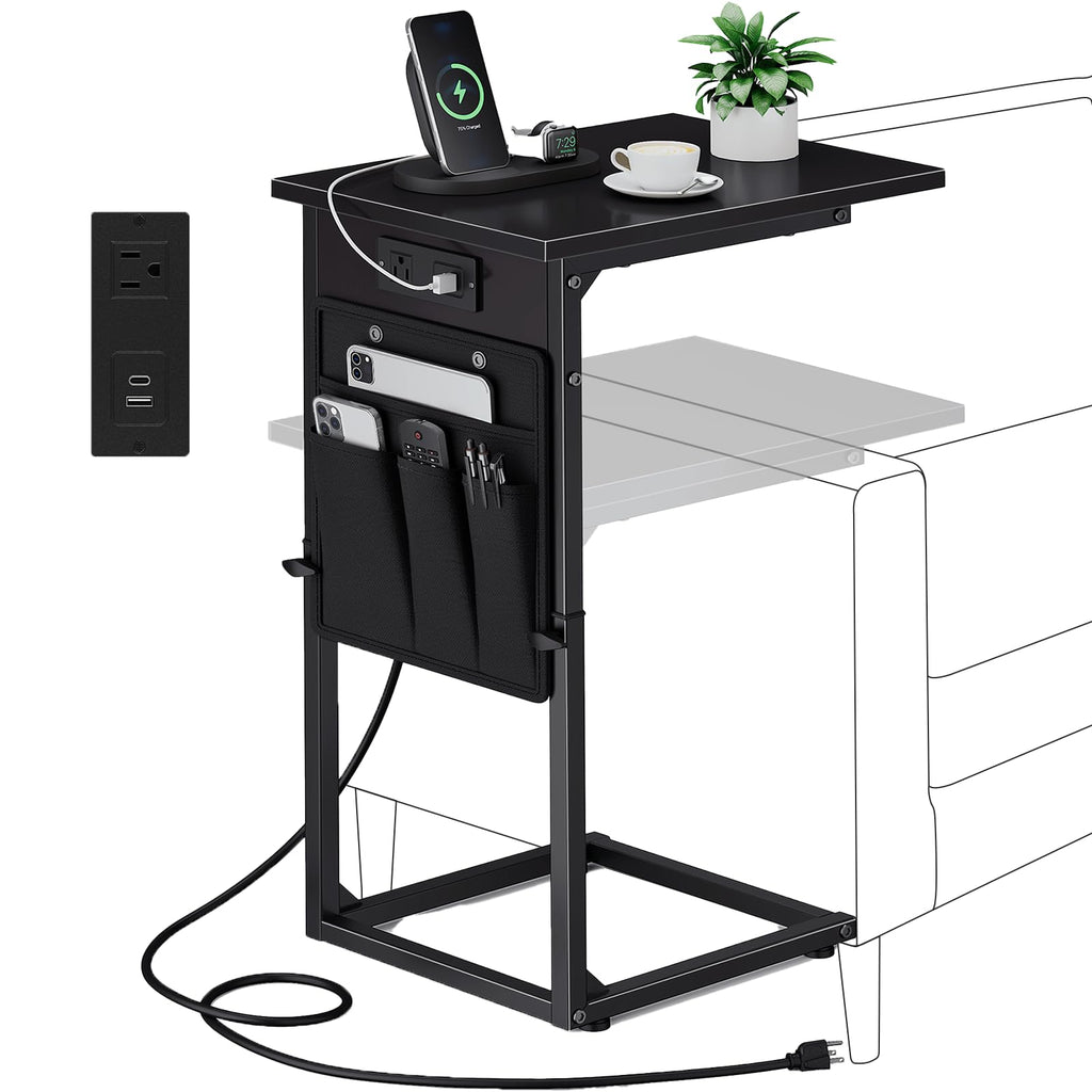 Vagusicc C Shaped End Table with Charging Station, Adjustable Height Side Table for Couch, Small Sofa Table with Storage Bag, Slide Under Sofa TV Tray Snack Arm Tables for Living Room, Bedroom, Brown