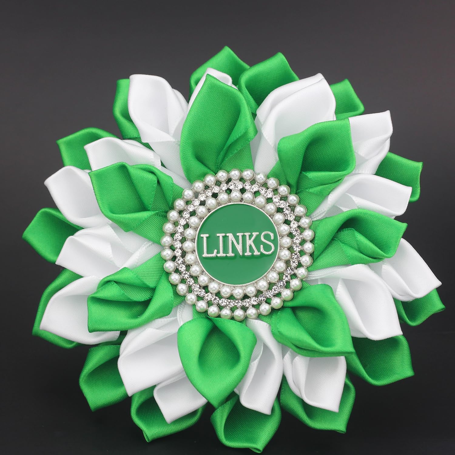Greek Sorority Paraphernalia Gift Sorority Brooch Pin for Women White & Green Satin 5.5" Pearl Flower Pin