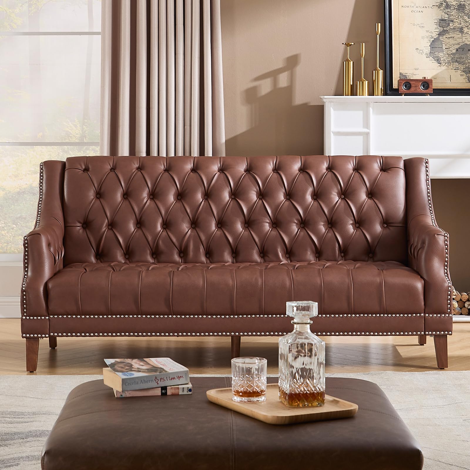 Faux Leather Sofa Couch, Button-Tufted 3-Seater Sofa with Armrest & Deep Seat, 74" Vintage Chesterfield Style Upholstered Loveseat Sofa for Living Room/Home Lounge Apartment, Deep Brown