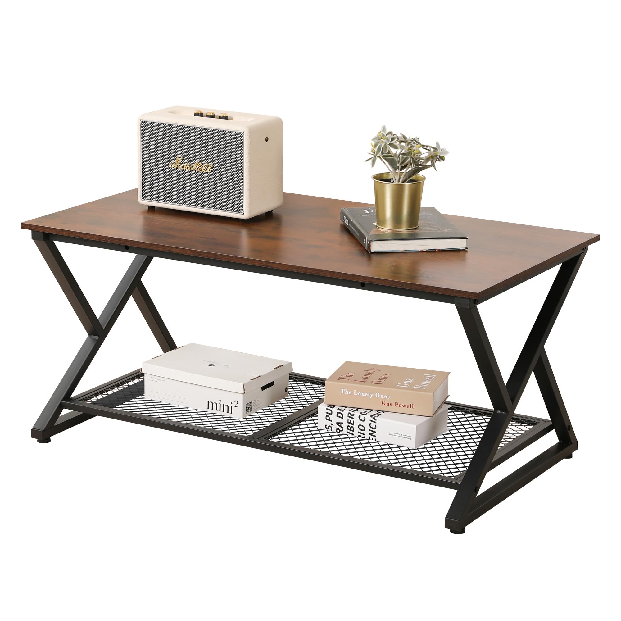 SENIG Small Brown Rectangle Wood and Metal Coffee Table with Storage Shelf for Small Living Rooms