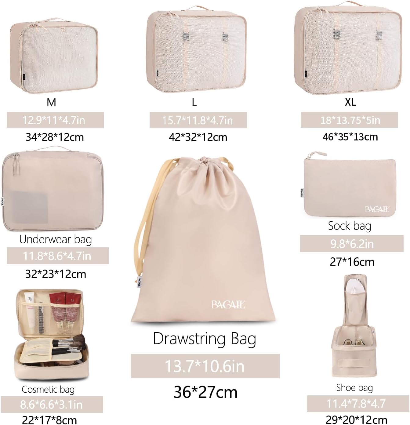 BAGAIL 8 Set Packing Cubes Luggage Organizer Bags for Travel Accessories-Cream