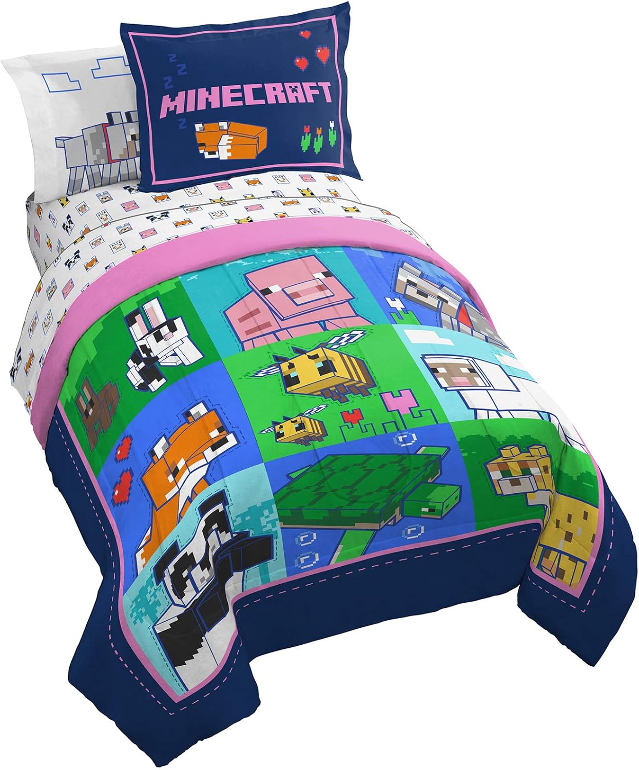 Jay Franco Minecraft Animal Patch 5 Piece Twin Bed Set - Includes Comforter & Sheet Set Bedding - Super Soft Fade Resistant Microfiber (Official Minecraft Product)