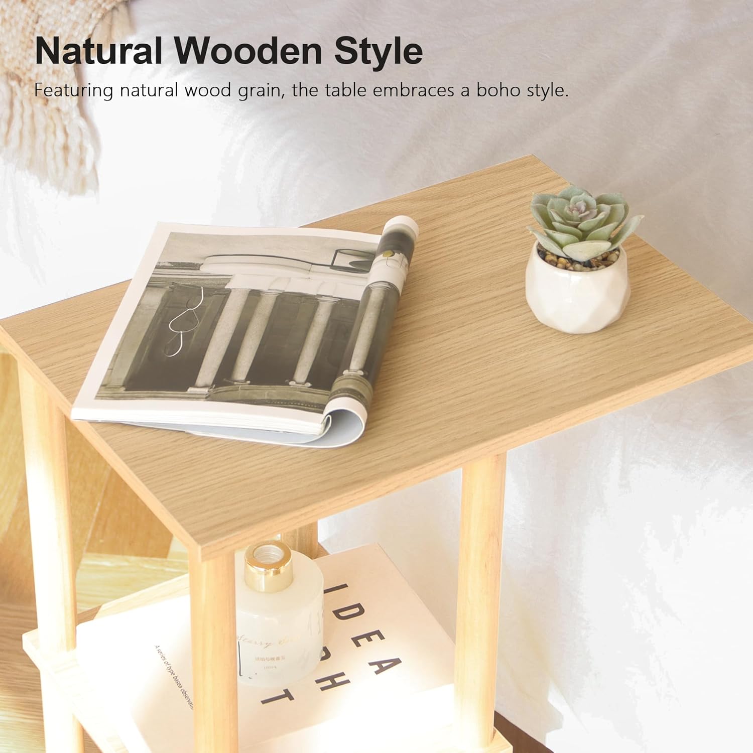 AWASEN C Shaped End Table, Small Side Table for Couch, 3-Tier Wood Sofa Table Coffee Table for Living Room, Small Space, Bedroom, Home Office, Easy Assembly, Natural