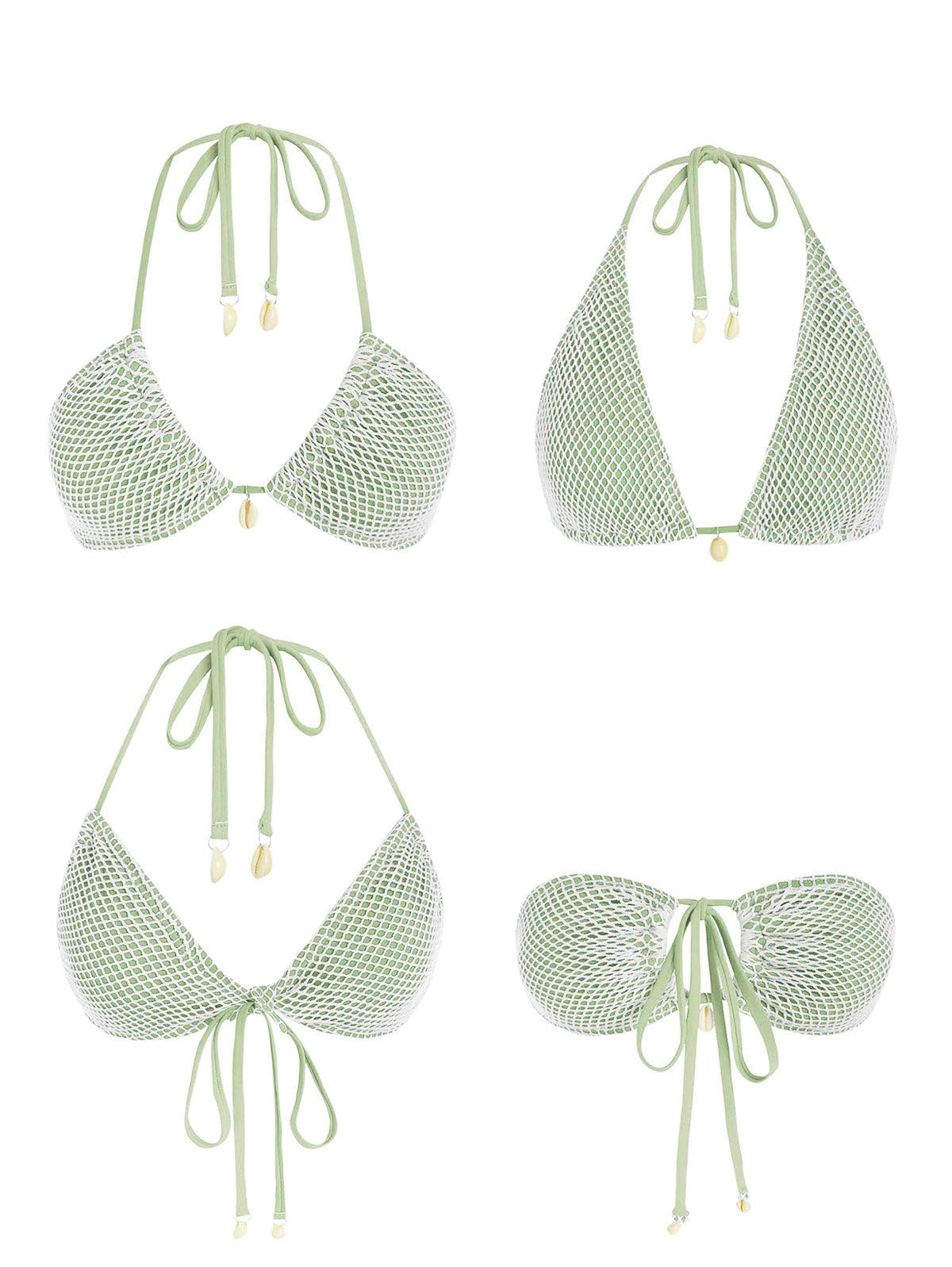 seamoly Womens String Bikini Sets Fishnet Shell Triangle High Cut Side Tie Thong Halter Bathing Suit 2 Piece Swimsuits Green S