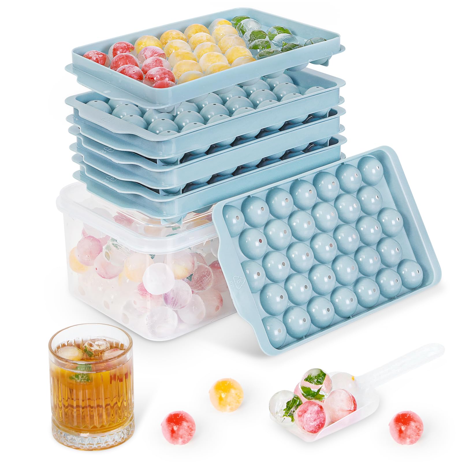 3 Pack Ice Trays for Freezer, 99 PCS Ice Cube Tray with Lid and Bin, Round Ice Cube Mold, Circle Ice Maker for Chilling Drinks (0.8 inch, Blue)