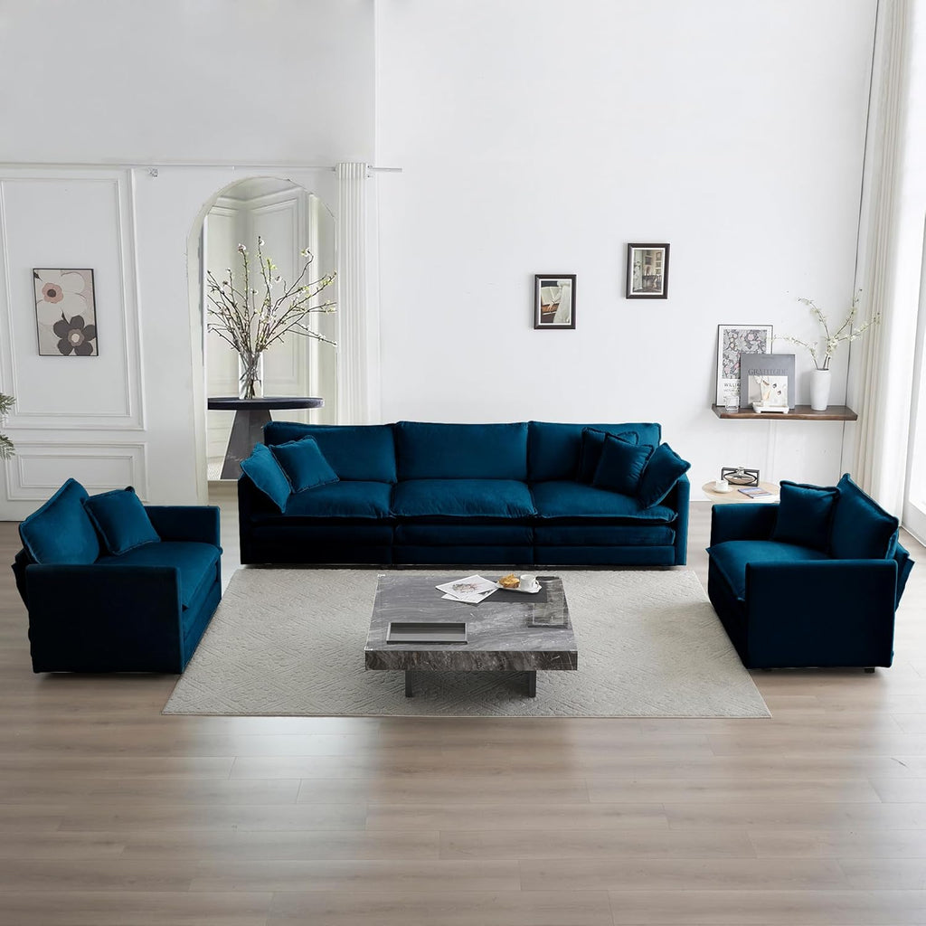 Ball & Cast 1+1+3 Seater Chenille Sofa Set for Living Room,3 Pieces Sectioanal Couch with Thick Backrest,Deep Seat Sofa for Apartment Studio Office,Blue