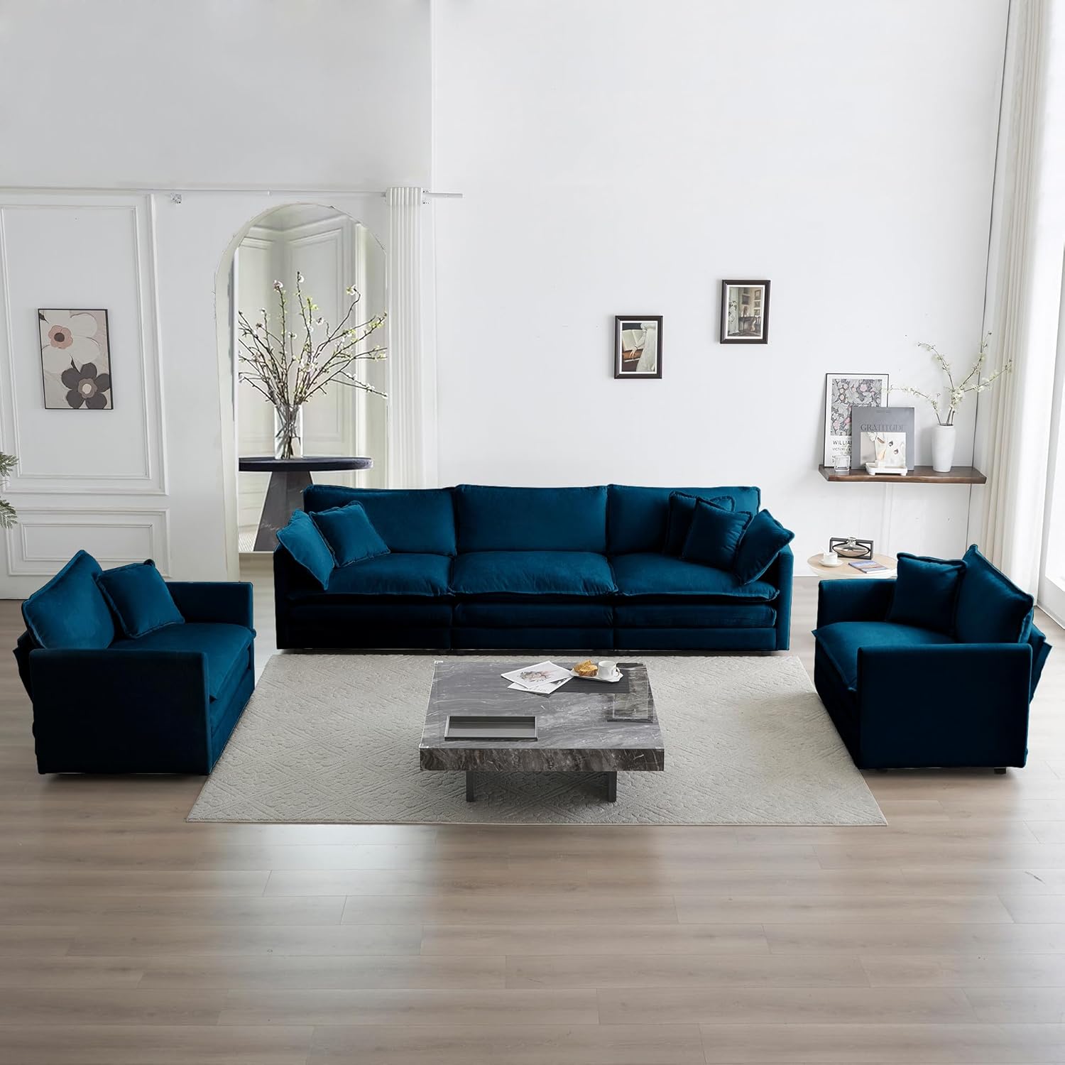 Ball & Cast 1+1+3 Seater Chenille Sofa Set for Living Room,3 Pieces Sectioanal Couch with Thick Backrest,Deep Seat Sofa for Apartment Studio Office,Blue
