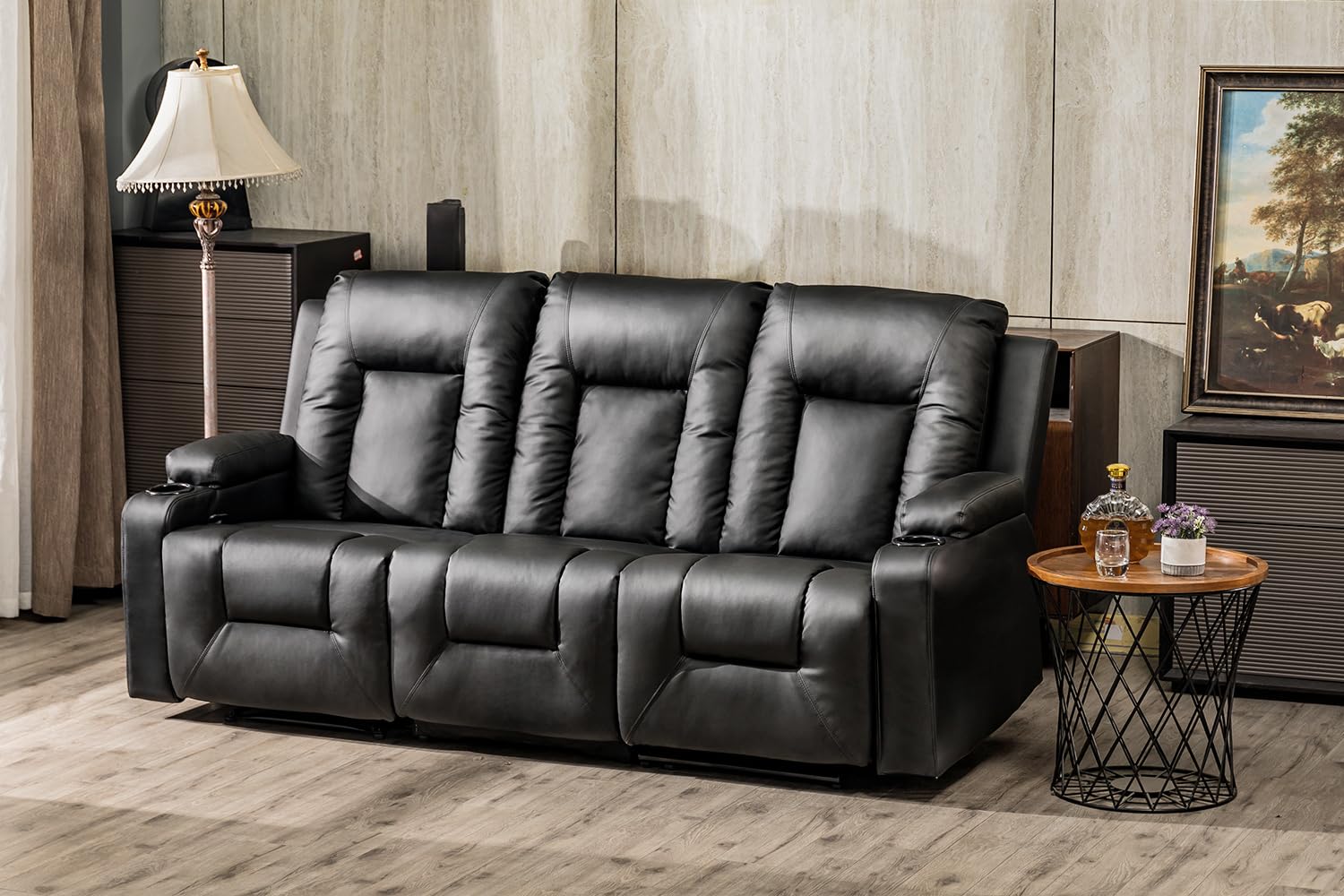 COMHOMA Recline Chair Set，Furniture 2PC Bonded Leather Recliner Set Living Room Set, Sofa, Loveseat（Black,Living Room Set3+2）