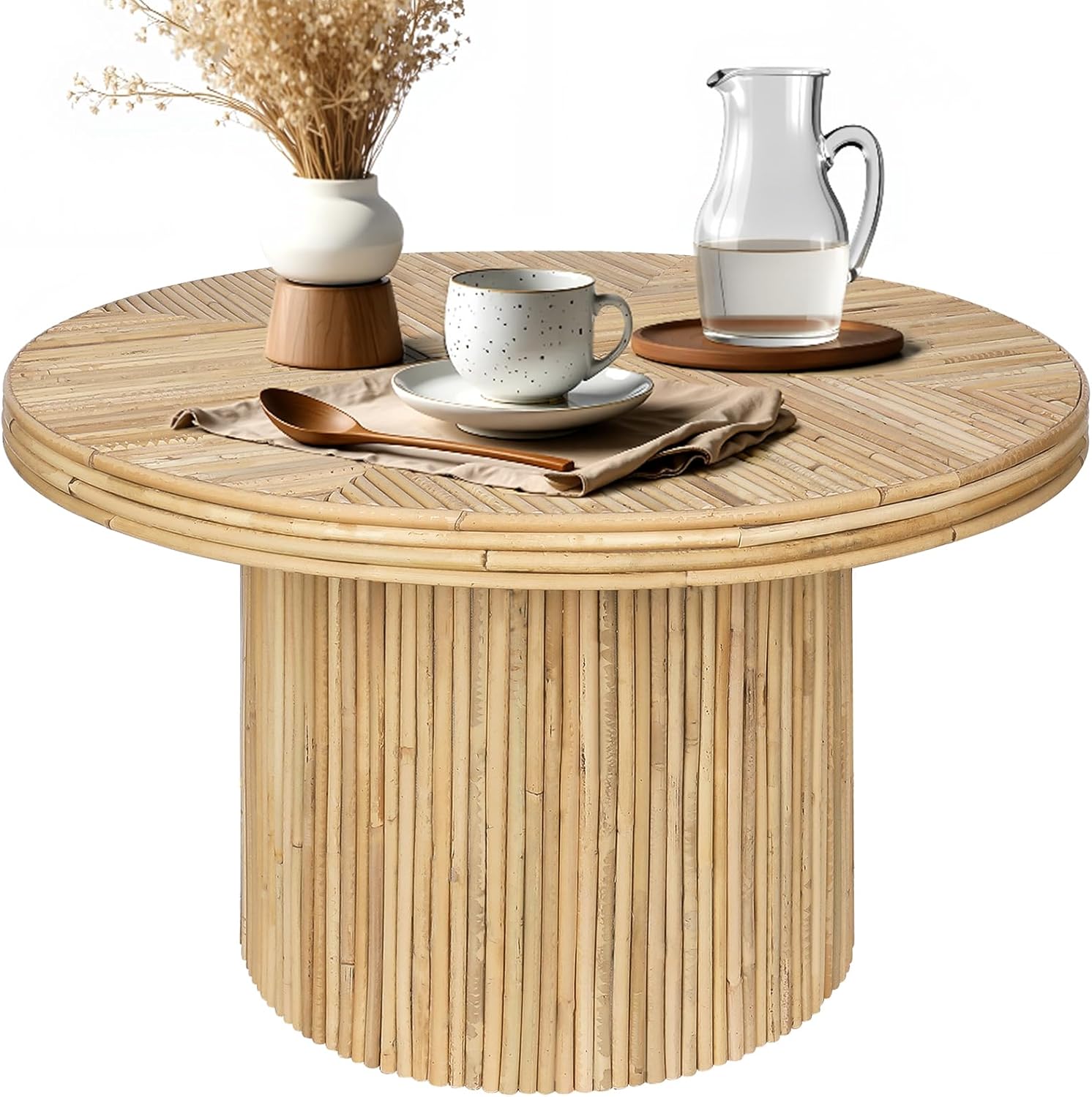 ZYBT 27.6 Inches Round Coffee Table, Tambour Design Coffee Tables, Farmhouse Fluted Design Center Accent Cocktail Tea Table for Home
