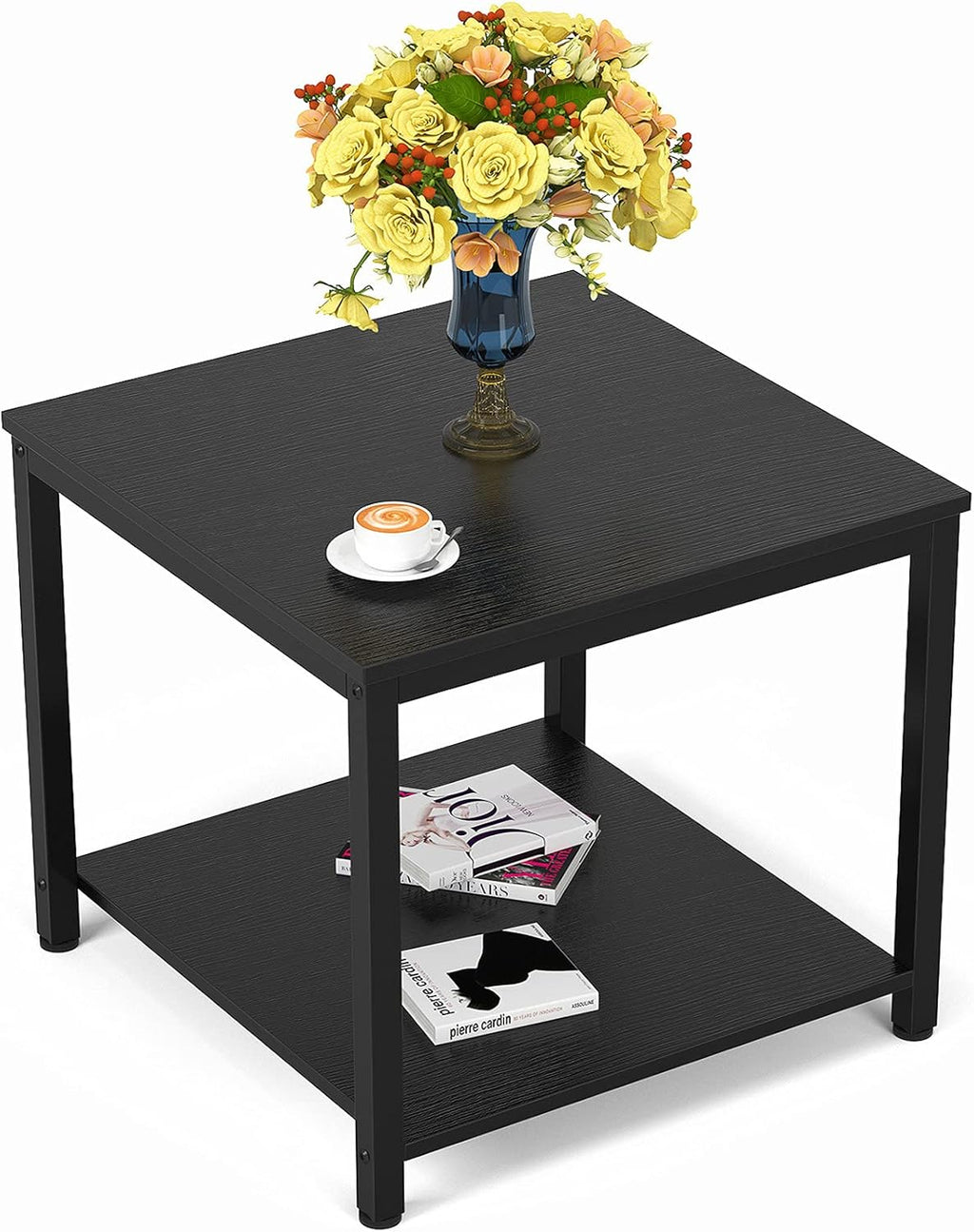Homieasy Side Table 20 Inch Square, 2-Tier Coffee Tea End Table Nightstands for Sofa Couch Bed, Metal Wood Accent Modern Simple Industrial Style Side Table for Living Room Bedroom, Black