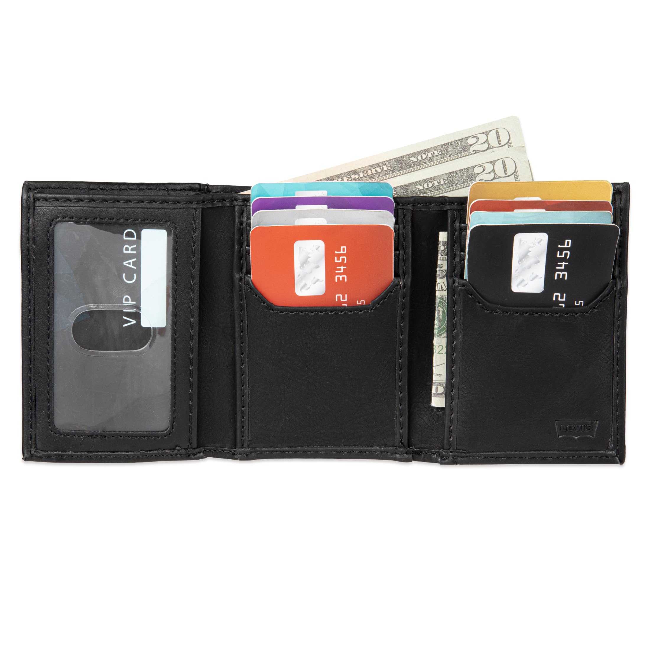 Portefeuille trifold pour homme Levi's - Élégant et mince, comprend une fenêtre pour carte d'identité et un porte-cartes de crédit, noir avec chaîne