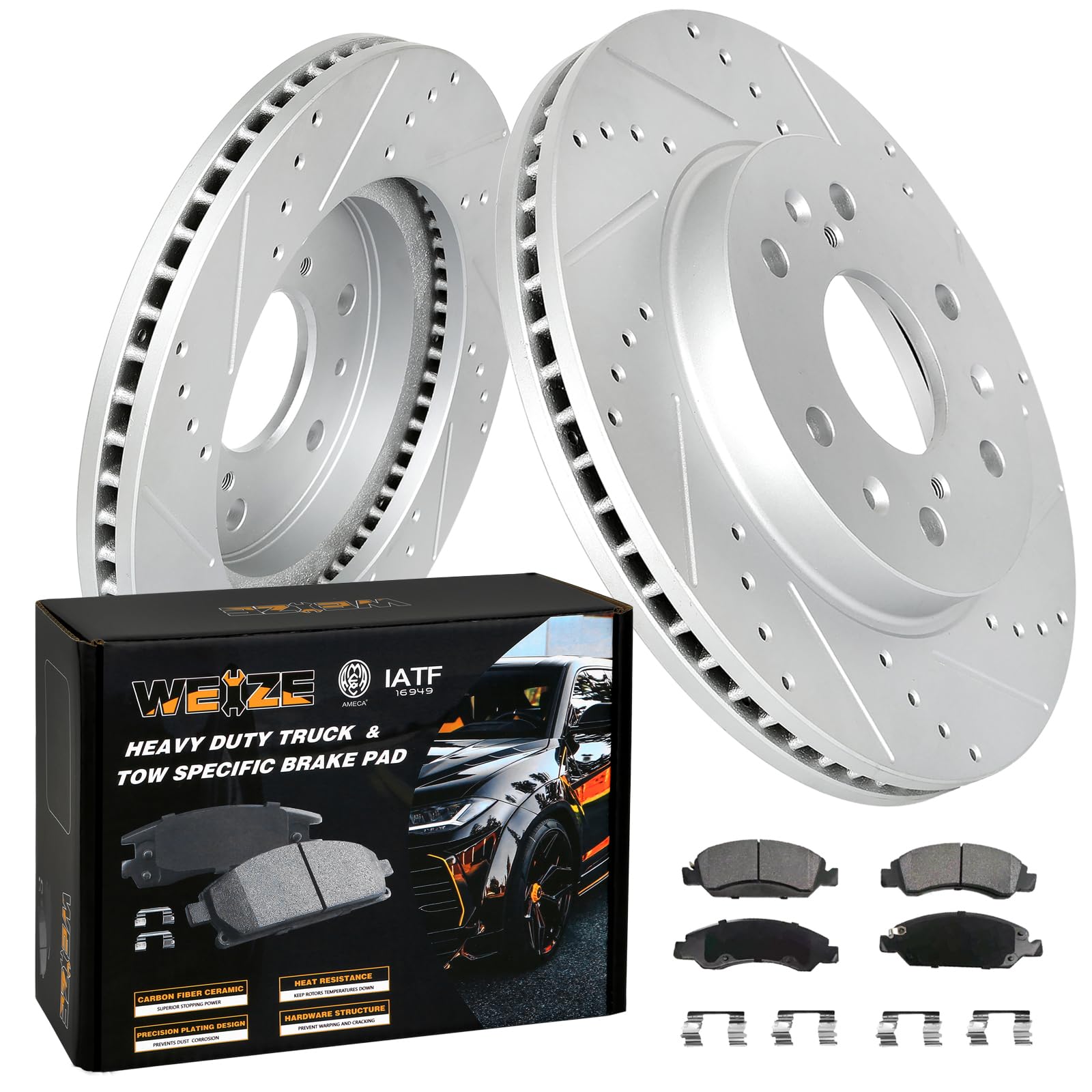 WEIZE Front +Rear Truck & Tow Brake Kit, Carbon Fiber Ceramic Brake Pads & Drilled/Slotted Brake Rotors, Fit for Dodge Ram 1500 & Classic Durango Chrysler Aspen, 5 Lug