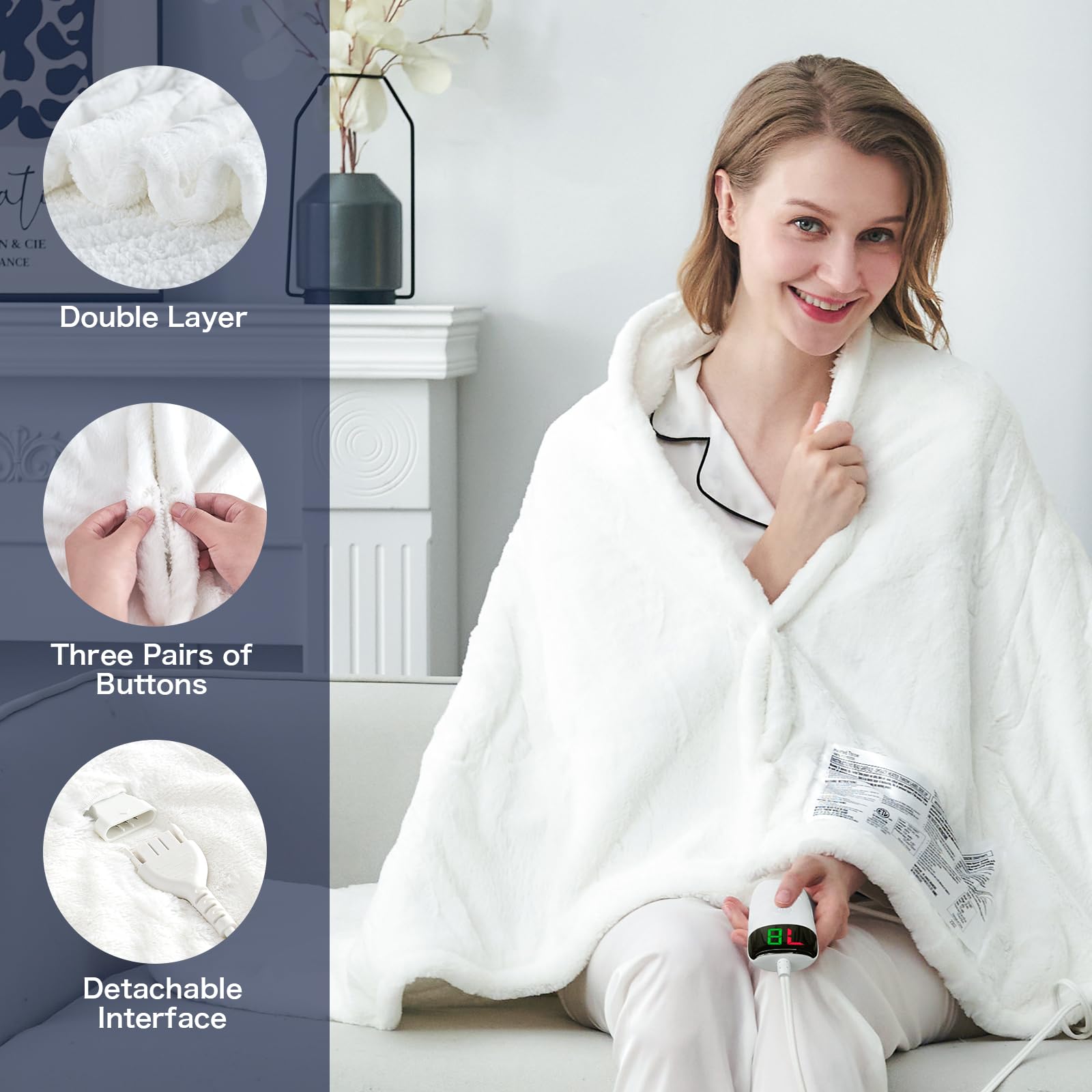 Manta Elétrica Aquecida OCTROT - Manta de Aquecimento em Sherpa de Lã para Sofá, Manta de Aquecimento de Pelo Sintético para Colo com Temporizador de 5 Posições e 10 Níveis de Aquecimento, Certificação ETL&FCC, para Adultos