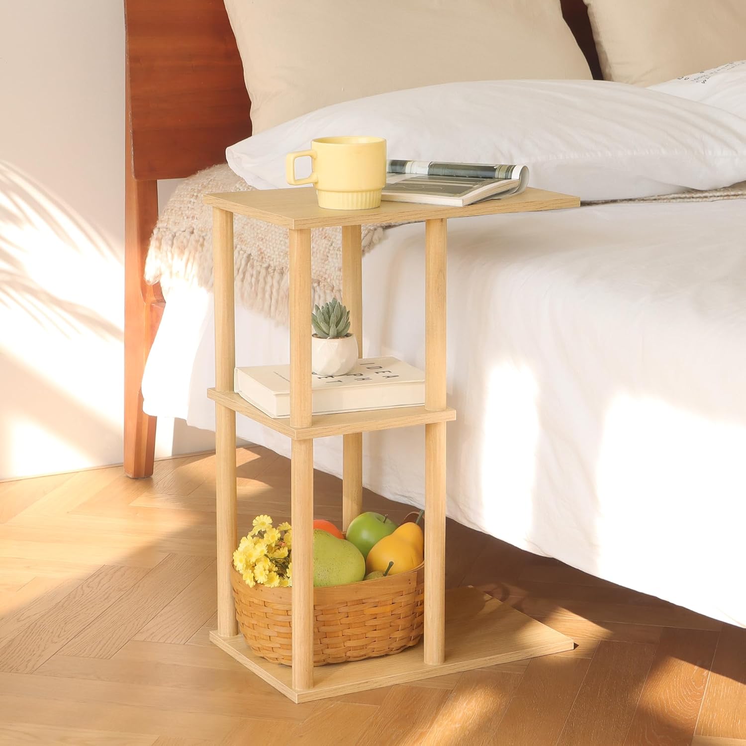 AWASEN C Shaped End Table, Small Side Table for Couch, 3-Tier Wood Sofa Table Coffee Table for Living Room, Small Space, Bedroom, Home Office, Easy Assembly, Natural