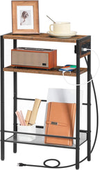 HOOBRO Small Narrow Side Table with Charging Station, Skinny End Table for Small Spaces, Slim Nightstand with USB Ports Outlet, Sofa Beside Table with Storage Shelf, Rustic Brown and Black BF102UBZ01