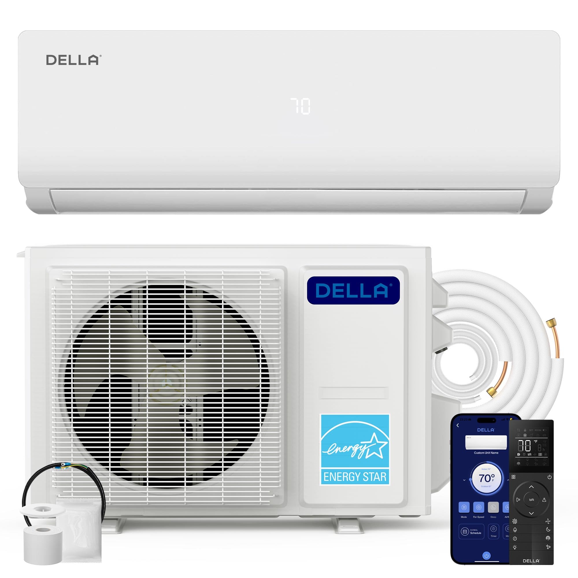 DELLA Vario Series 12000 BTU Mini Split Air Conditioner Work with Alexa with 1 Ton Pre-Charged Heat Pump Ductless Inverter System, 19 SEER2, Cools Up to 550 Sq. Ft,16.4ft Installation Kit Included