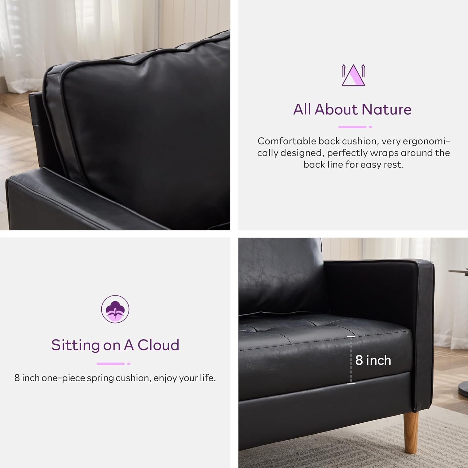 TYBOATLE 57" Small Black Faux Leather Sofa Couches, 3 Piece Living Room Set, Mid-Century Modern Tufted Comfy Loveseat, 2 Seater Office Couch Love Seat for Small Space Bedroom Drom Apartment