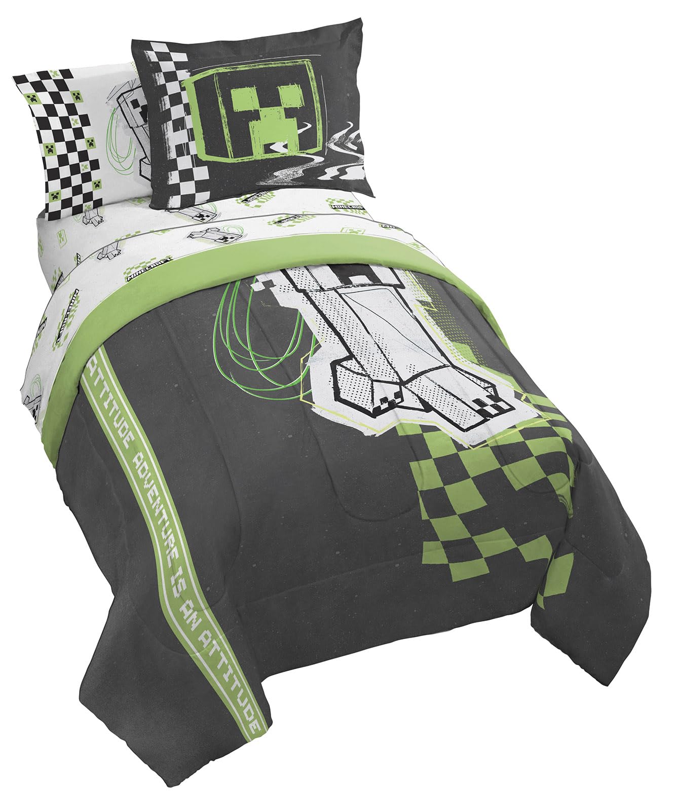 Jay Franco Minecraft Creeper Twin Comforter Set - 5 Piece Bedding Includes Sheet Set & Pillow Covers - Super Soft Gren & Gray Bedding