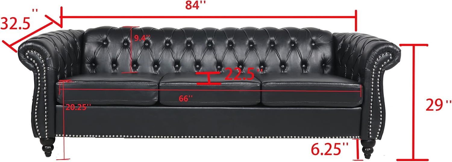 LEVNARY Chesterfield Sofa, Classic Tufted Upholstered Leather Couch, Modern 3 Seater Couch Furniture with Tufted Back for Living Room Office (Black)