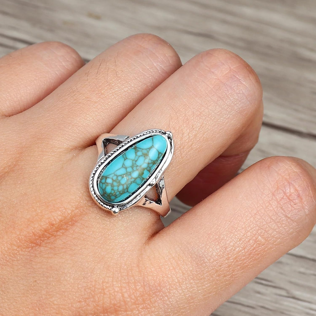Bohemian Turquoise Oval Flower Rings Vintage Geometric Ethnic Natural Stone Adjustable Silver Joint Knuckle Rings Western Cowgirl Statement Jewelry