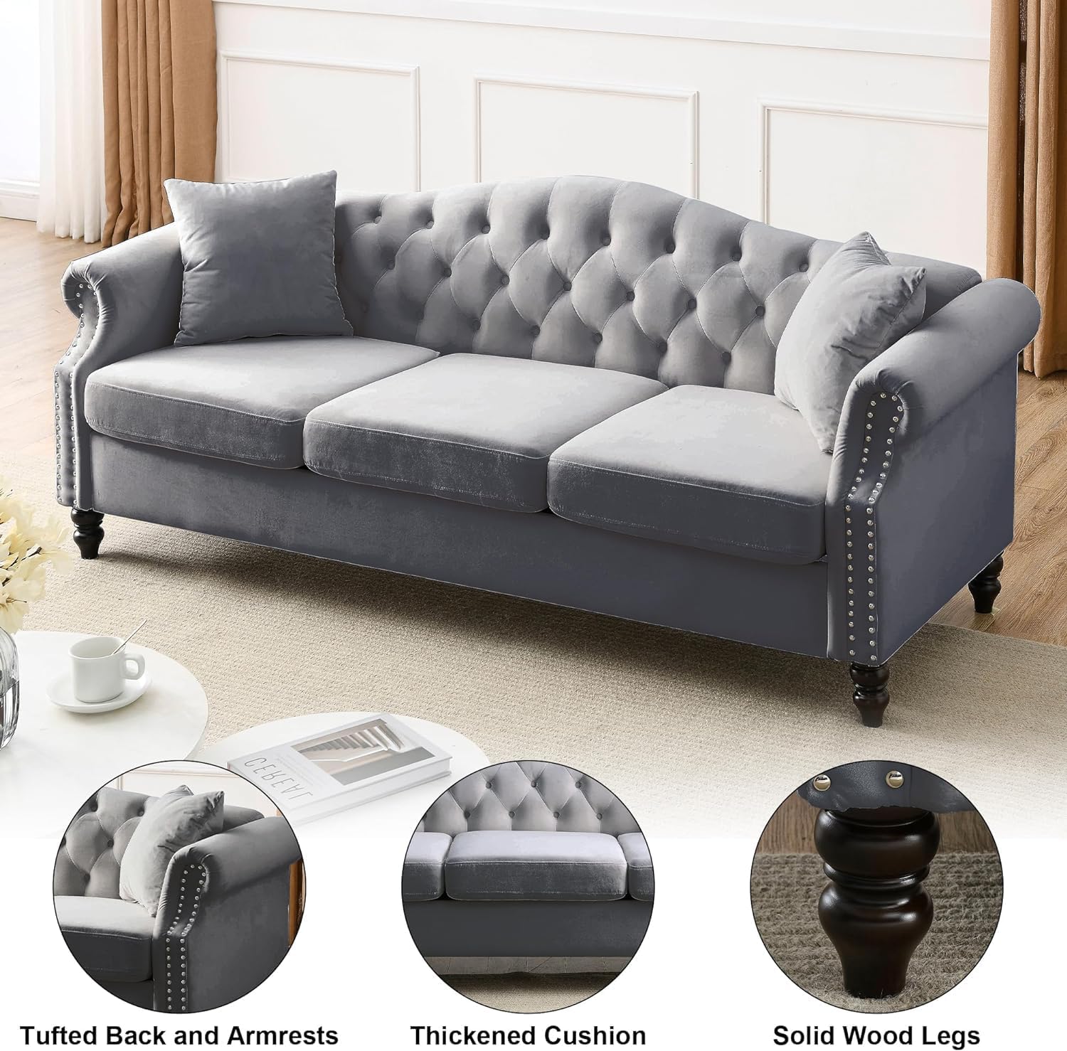 2 Piece Velvet Chesterfield Sofa,79" 3 Seater and 57" Loveseat Sofa Set,Button Tufted Nailhead Trimming Curved Backrest Rolled Arm (Grey, 79" 3 Seater and 57" Loveseat Velvet Sofa Sets)