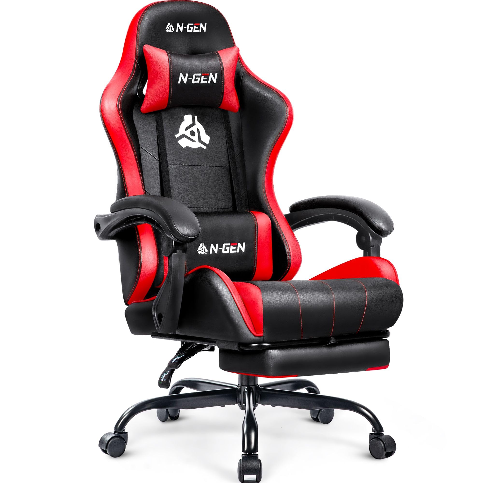 N-GEN GAMING Video Gaming Chair with Footrest Lumbar Support for Home Office High Back Recliner Height Adjustable Ergonomic Comfy Leather Computer Desk Chair (Black)