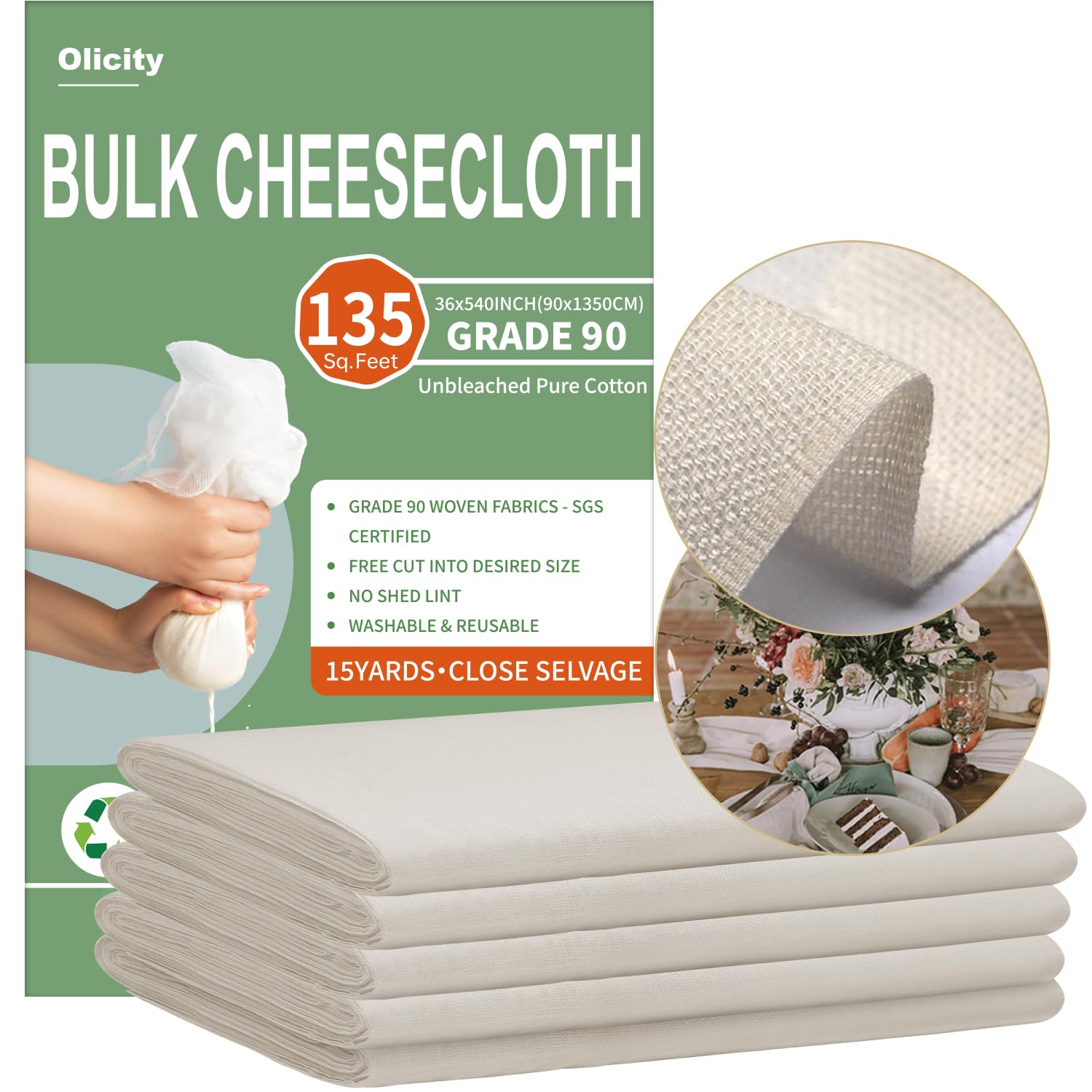Olicity Cheese Cloths, Grade 90, 27 Sq Feet, Reusable Cheese Cloth with Closed Edges Unbleached Cotton Cheesecloth for Straining, Fine Mesh Fabric Muslin Cloth for Cooking, Rice,Sushi,Crafts - 3 Yards
