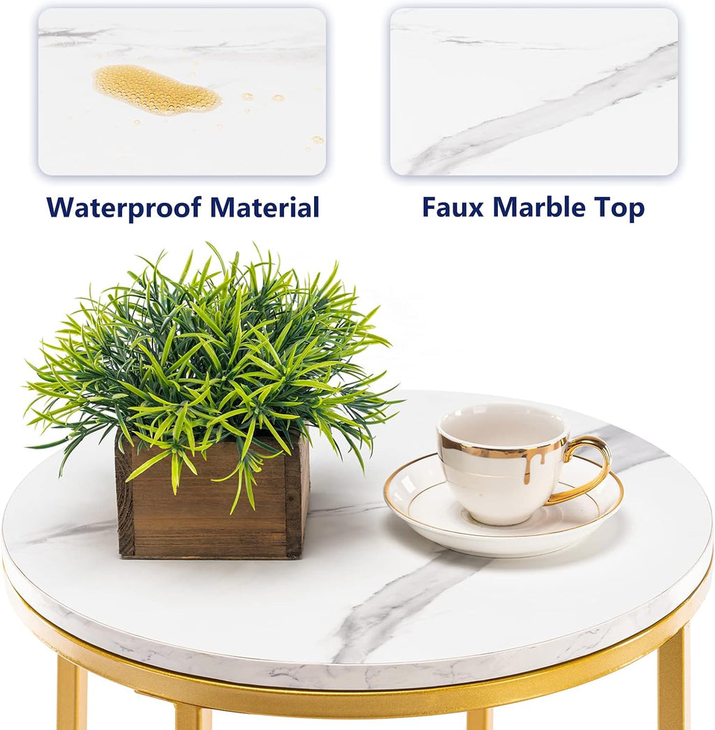 TECHMILLY Round End Table, Faux Marble Sofa Table, Accent Side Table with Metal Frame, Modern Gold Nightstand, Tall Coffee Table for Living Room, Bedroom