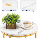 TECHMILLY Round End Table, Faux Marble Sofa Table, Accent Side Table with Metal Frame, Modern Gold Nightstand, Tall Coffee Table for Living Room, Bedroom