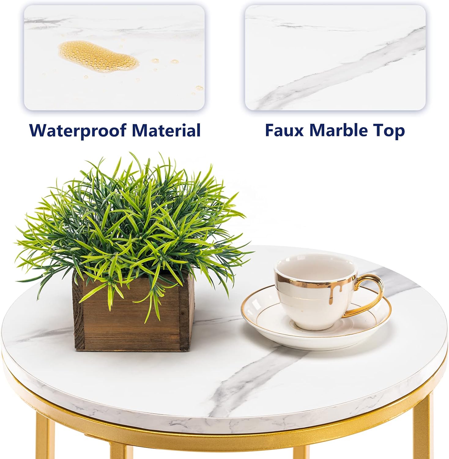 TECHMILLY Round End Table, Faux Marble Sofa Table, Accent Side Table with Metal Frame, Modern Gold Nightstand, Tall Coffee Table for Living Room, Bedroom