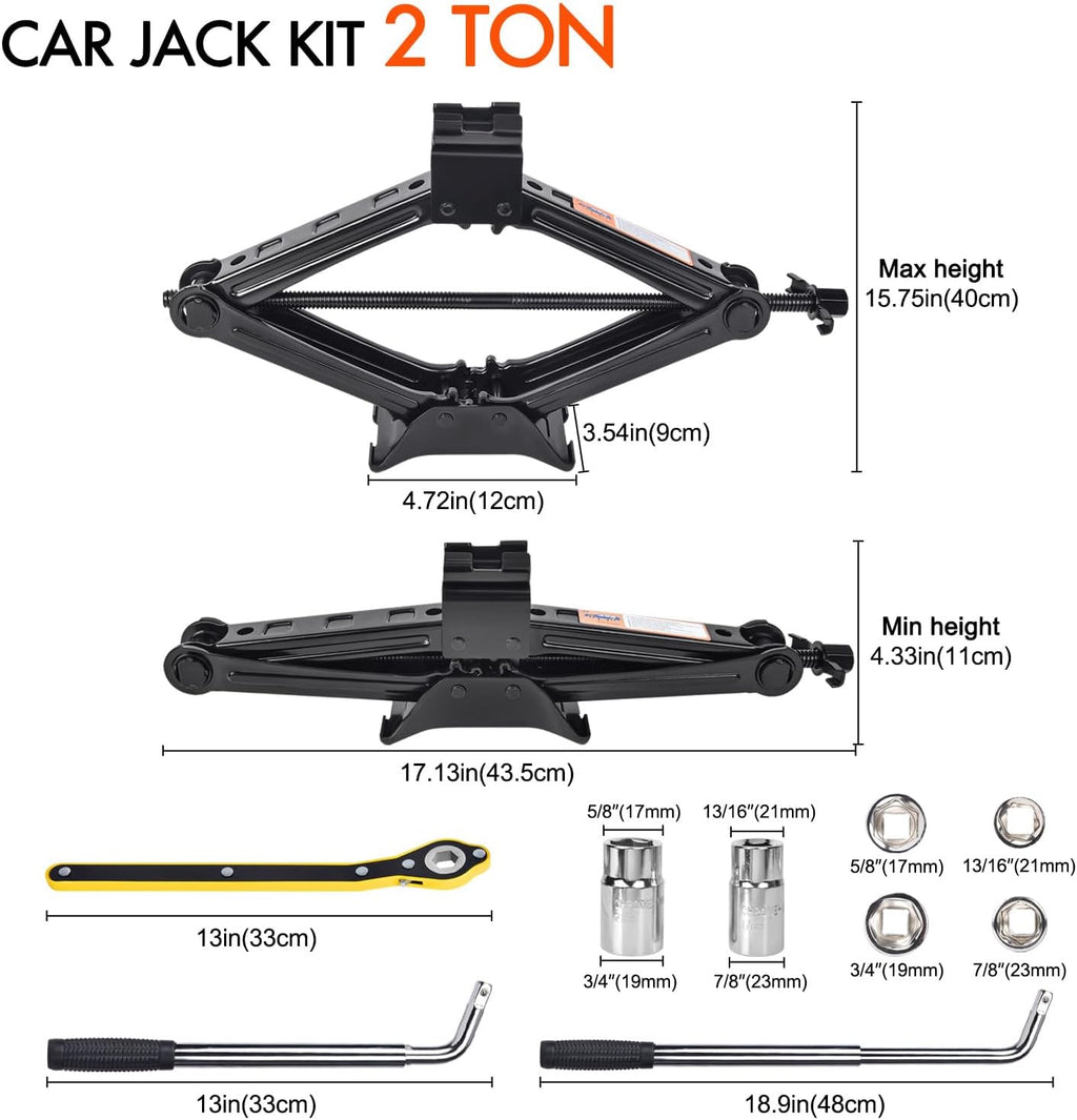 Car Jack Kit Scissor Jack for Car 2 Ton (4409 lbs) Tire Jack Tool Kit Universal Car Emergency Kit with Lug Wrench Tire Changing Kit for Car SUV (2T)