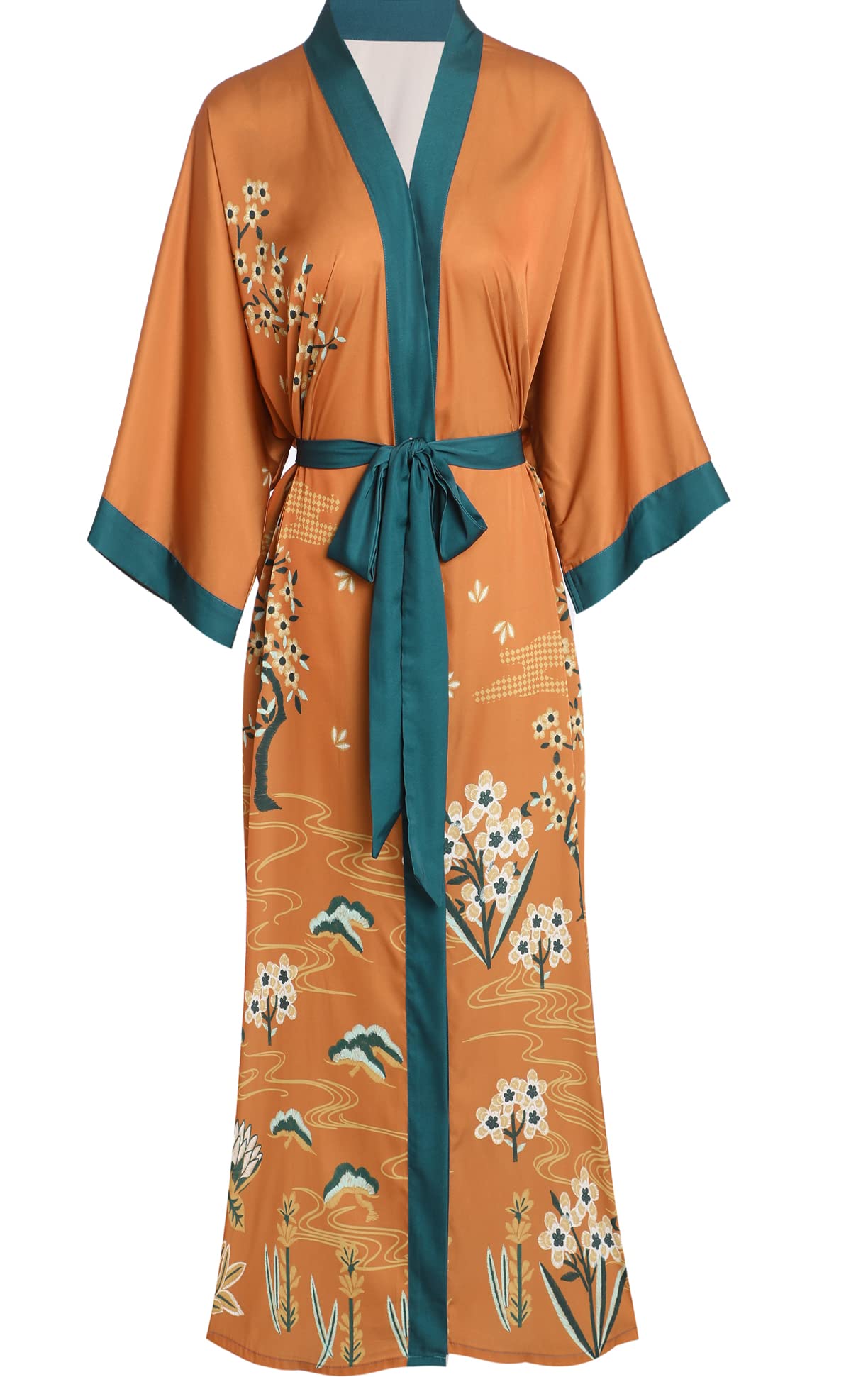 Aensso Long Soft Lightweight Silky Kimonos Robes for Women, Luxury Japanese Floral Womens Kimono Robe