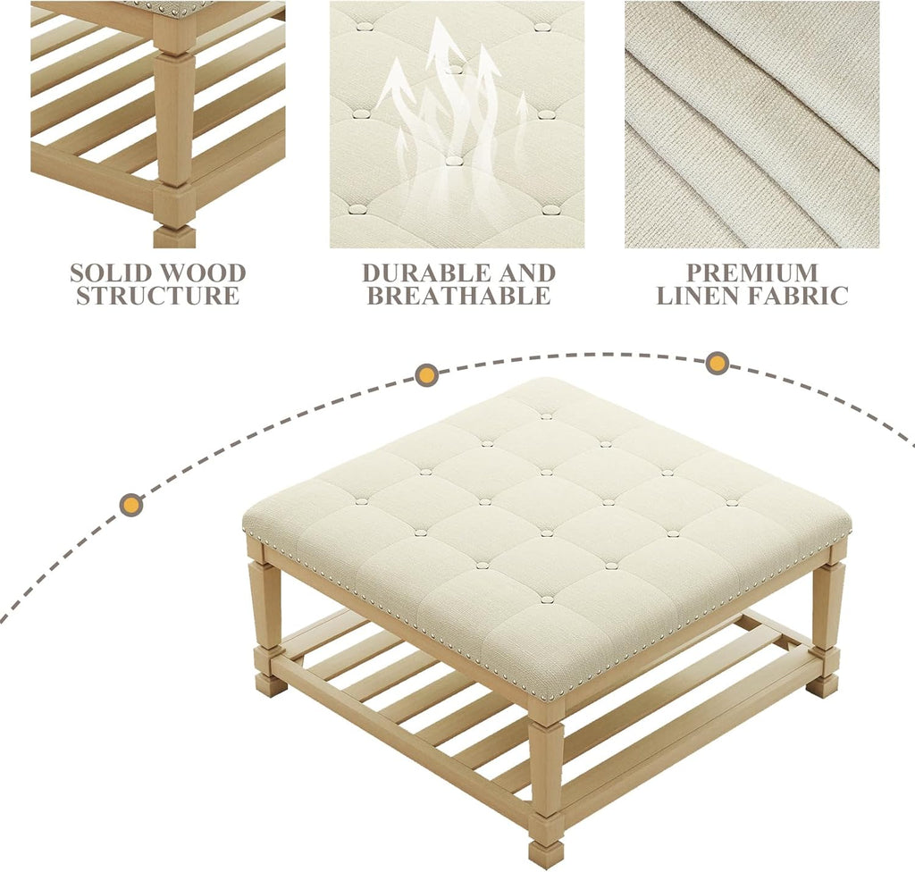 Large Square Ottoman Coffee Table, Linen Solid Upholstered Footrest Ottoman with Solid Wood Shelf Storage Tufted Coffee Table for Bedroom Living Room-Ivory