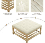 Large Square Ottoman Coffee Table, Linen Solid Upholstered Footrest Ottoman with Solid Wood Shelf Storage Tufted Coffee Table for Bedroom Living Room-Ivory