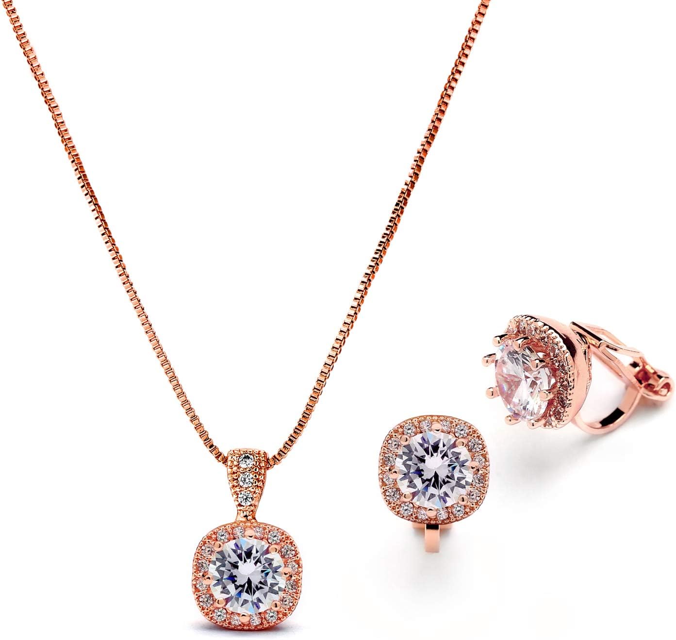 Mariell Rose Gold CZ Crystal Necklace & Clip On Earrings Jewelry Set, 10mm Solitaire with Stud Earrings
