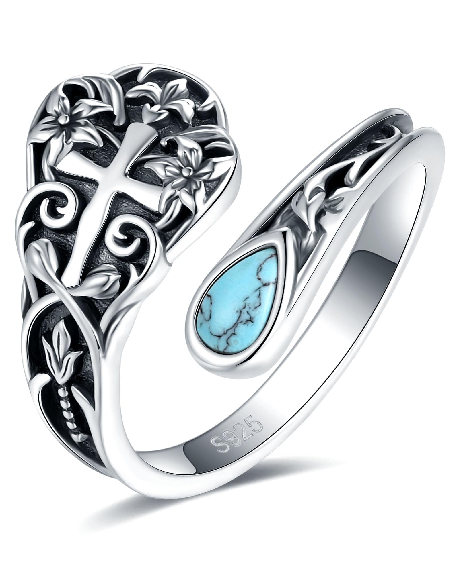 S925-Sterling-Silver Turquoise Dragonfly/Butterfly Spoon Ring - Vintage Boho Sunflower Thumb Rings Oxidized Wrap Ring Victorian Style Antique Floral Jewelry Gifts for Women