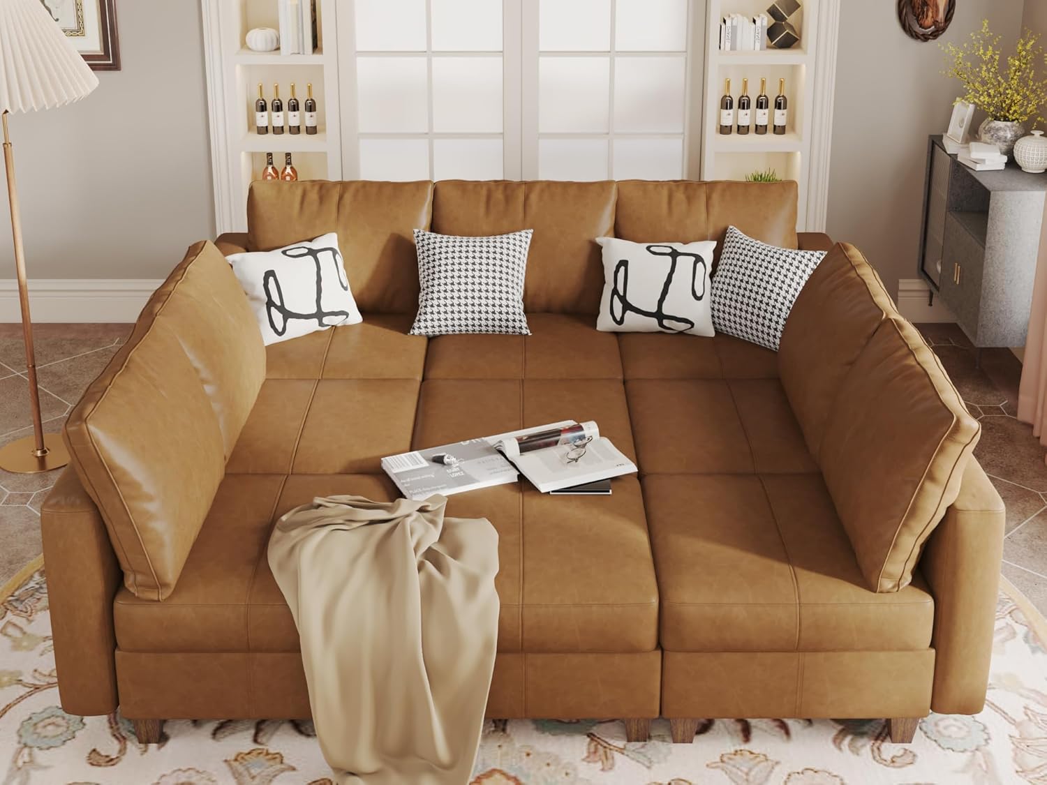 EASE MOOSE Brown Modular Sectional Couch with Storage, Faux Leather Sectional Modular Sofa or Living Room