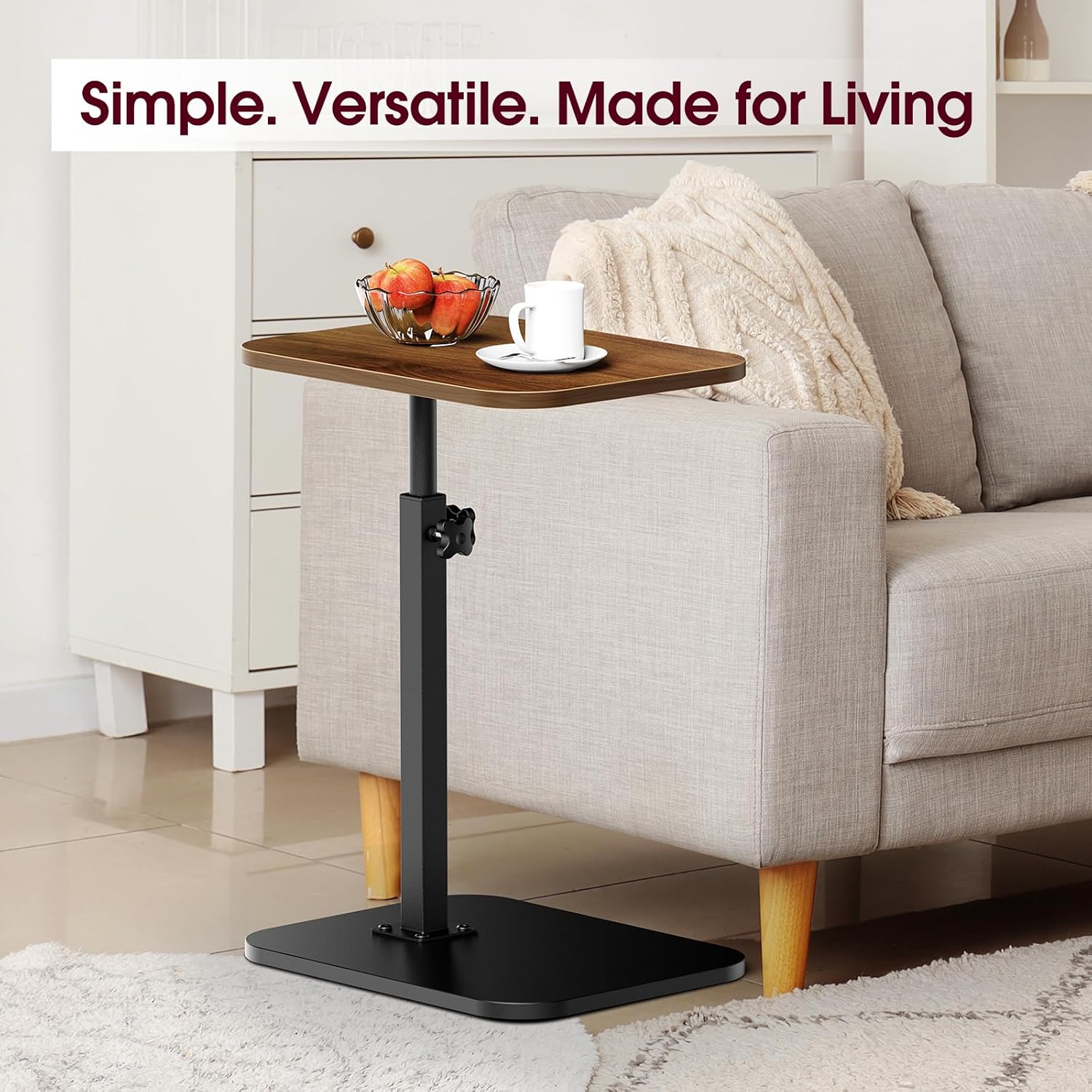 End Table C-Shaped Adjustable Pedestal Side Table Night Stand with 360° Rotating Top, Height Adjustable, Small Couch Living Room or Bedroom Versatile End Table for Sofa or Bedside, Rustic Brown