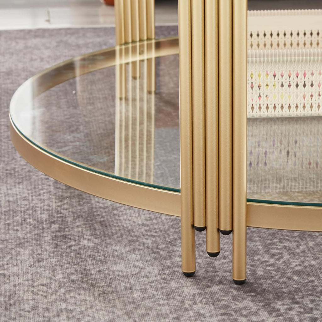 Gold Glass Coffee Table for Living Room, 36" Round Glass Coffee Table with Metal Frame, 2 Tier Circle Coffee Table for Home, Office, Apartment