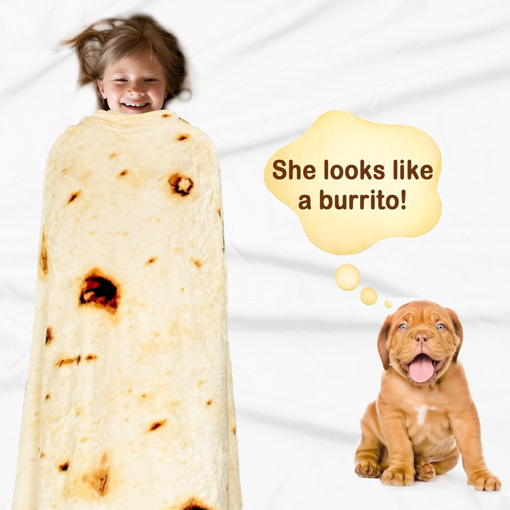 Bnuitland Burritos Tortilla Throw Blanket, 300GSM Double Sided Giant Funny Gift with Pouch, Realistic Super Soft Novelty Taco Swaddle Food Blanket for Baby/Kids and Pets Wrap
