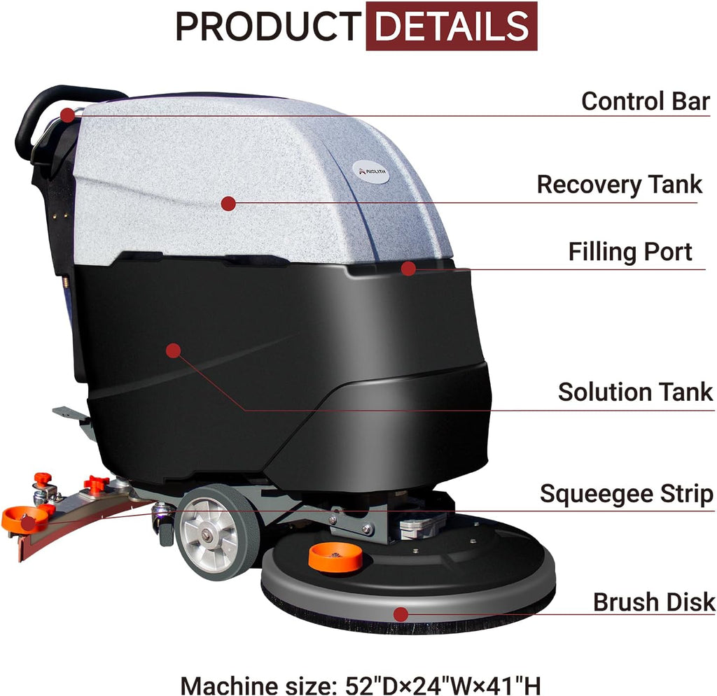 Automatic Walk-Behind Commercial Floor Scrubber, 22" Brush, 33" Squeegee, Lithium Battery, 17 Gal, 27,000 sqft/h, Commercial Hard Floor Cleaning Machines for Tile, Hardwood, Concrete, Vinyl