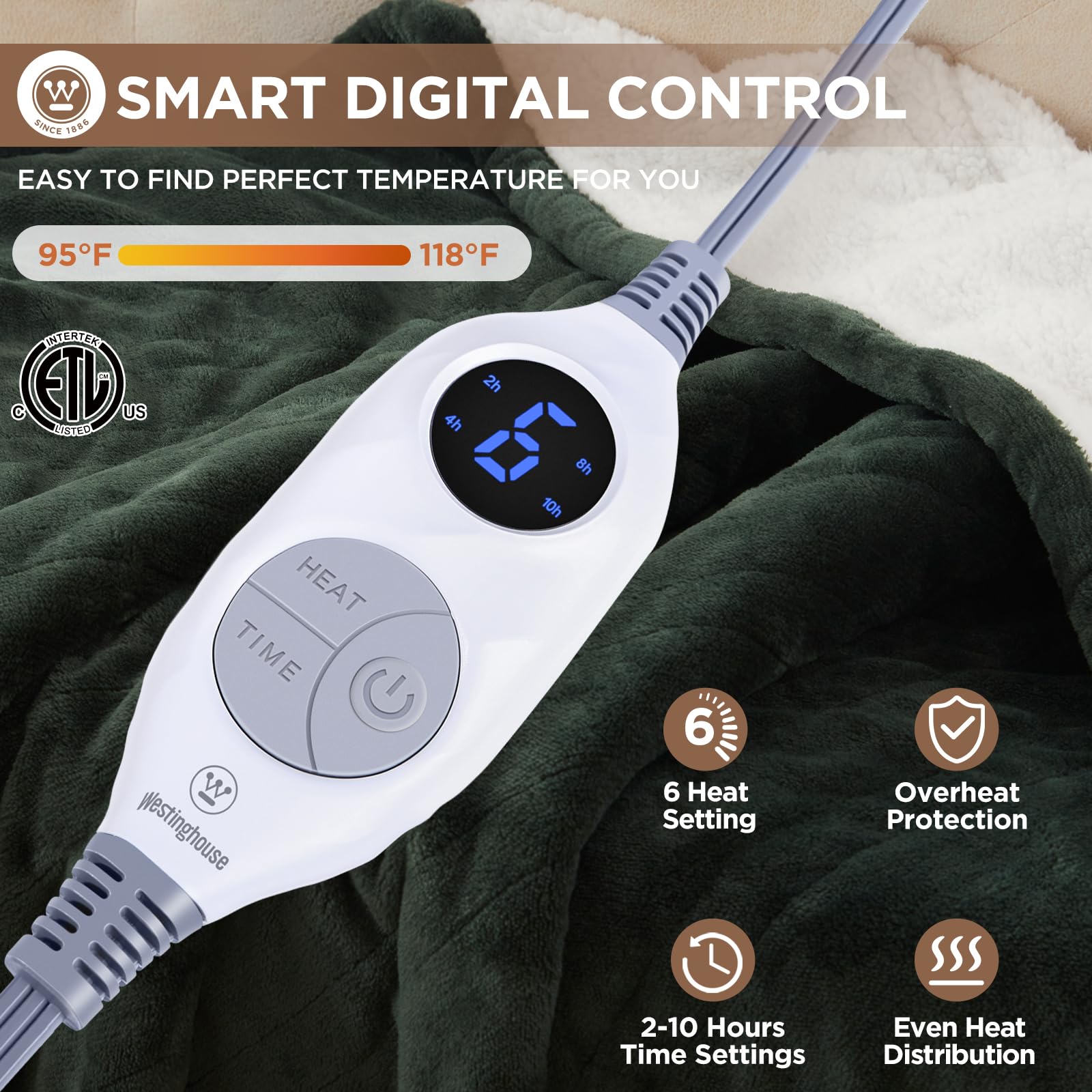 Westinghouse Heated Blanket Queen Size, Soft Flannel to Sherpa Electric Blanket with 10 Heating Levels, 12 Hours Auto Off, Fast Heating Blanket, Machine Washable, 84x90 Inch, Charcoal