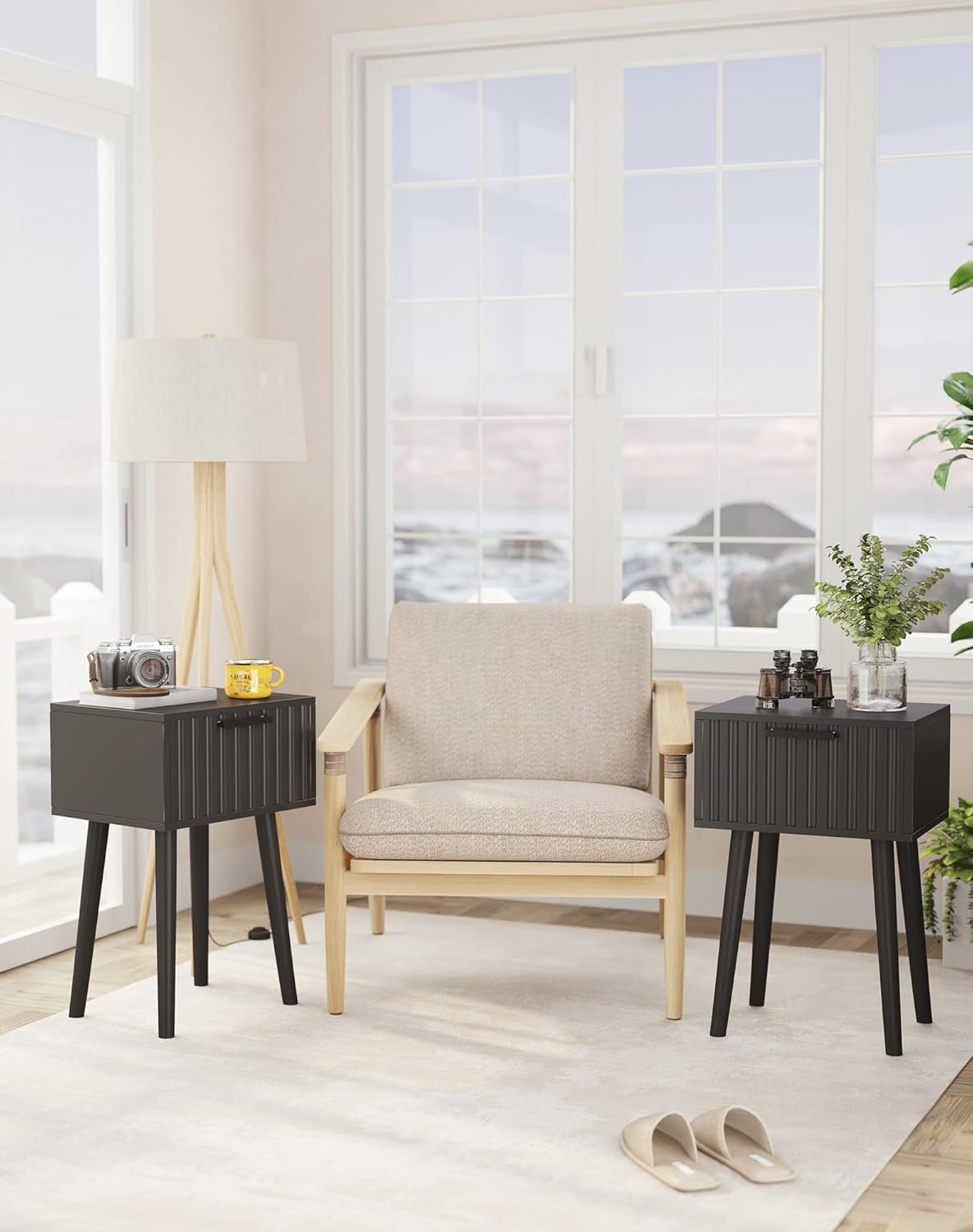 YMYNY Fluted Nightstand Set of 2, Small End Table, Modern Coffee Table with Drawer, Solid Wood Legs, Retaining Chain, 13.8" x 10.6" x 20.9", for Bedroom and Small Spaces, Black UHST014B-2