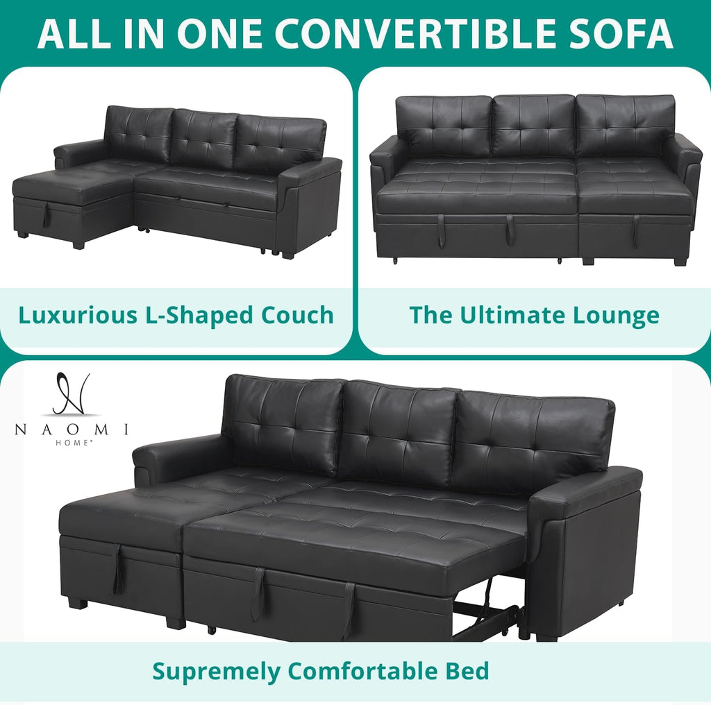 Naomi Home Jenny Sectional Sofa Sleeper with Storage Chaise, Tufted Pull Out Couch with Storage, Sectional Bed, L-Shaped Reversible Sleeper Sofa, Black,Air Leather