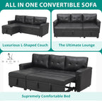 Naomi Home Jenny Sectional Sofa Sleeper with Storage Chaise, Tufted Pull Out Couch with Storage, Sectional Bed, L-Shaped Reversible Sleeper Sofa, Black,Air Leather