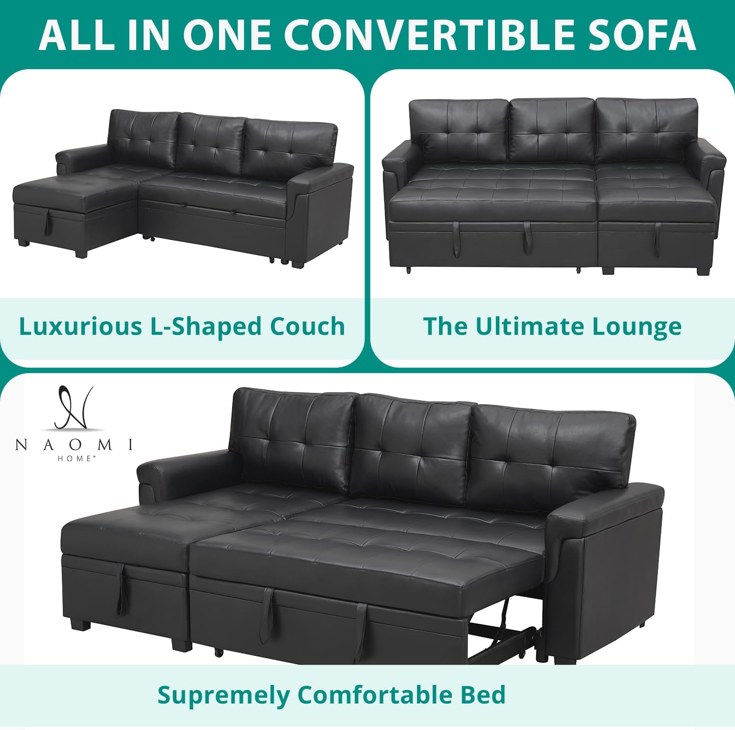 Naomi Home Jenny Sectional Sofa Sleeper with Storage Chaise, Tufted Pull Out Couch with Storage, Sectional Bed, L-Shaped Reversible Sleeper Sofa, Black,Air Leather