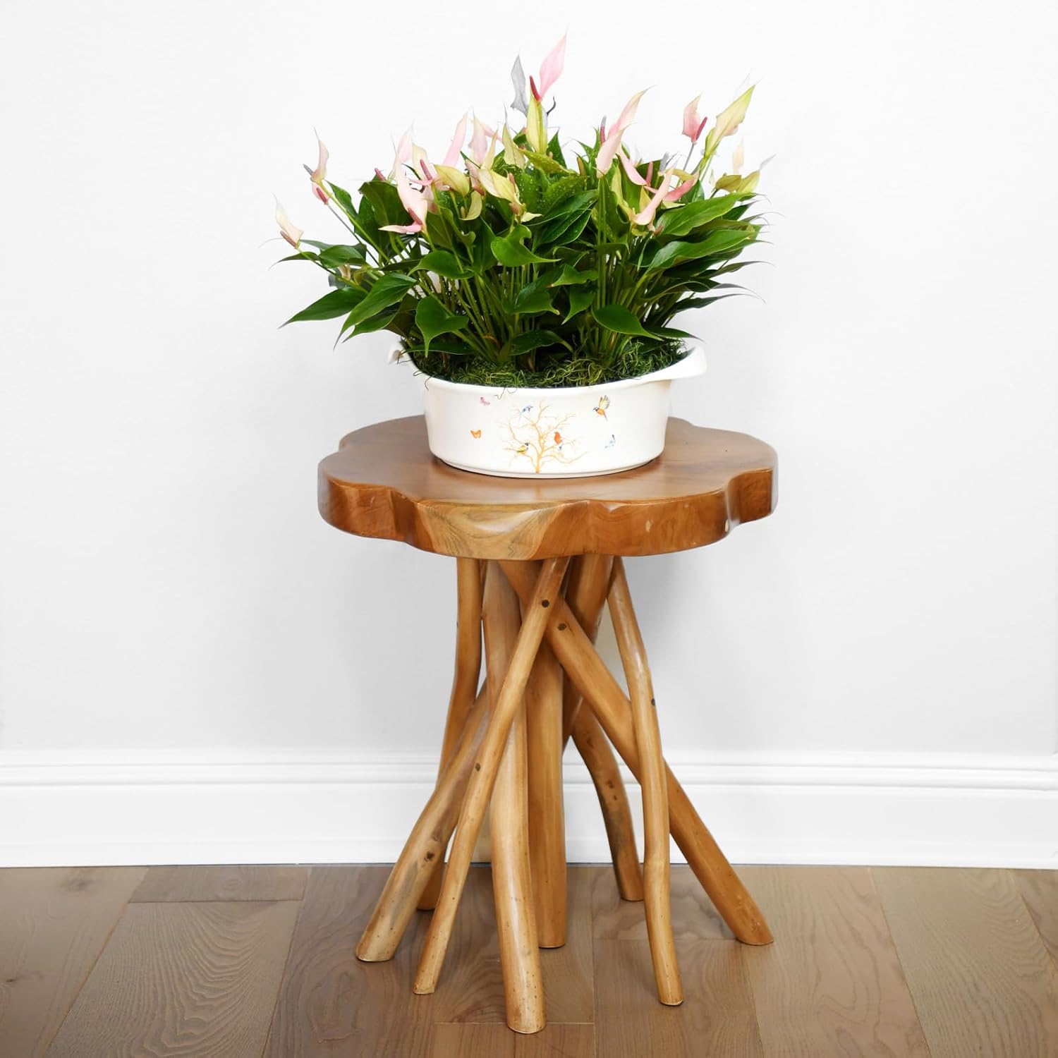 WELLAND Solid Teak Live Edge End Table,18" L x 18" W x 20" H Uniquie Side Table, Small Accent Table, Plant Stand for Living Room, Bedroom, Home Office