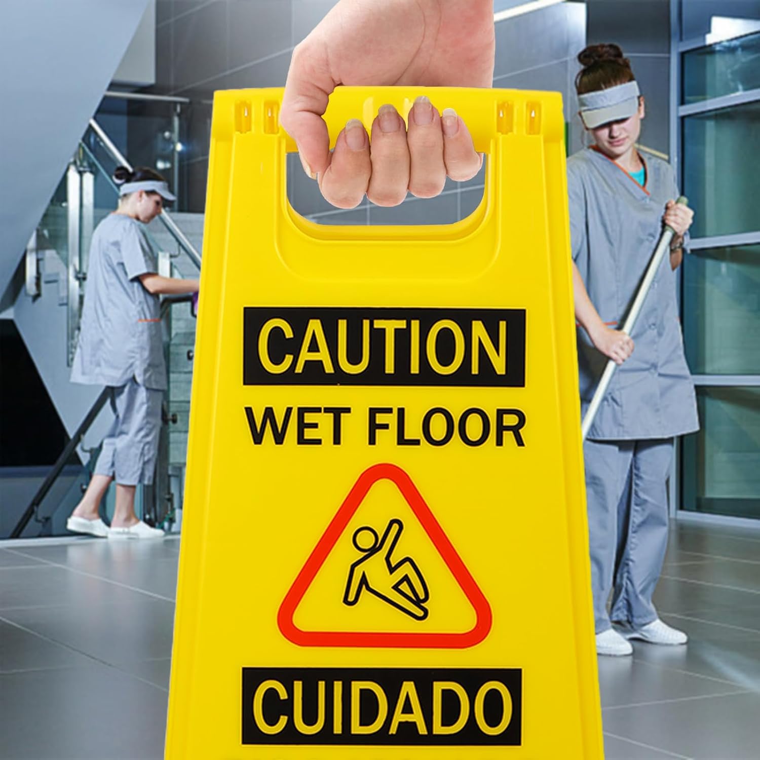 Caution Wet Floor Sign, Bilingual Foldable Safety Sign (17.12in x 8.38in x 0.94in), Yellow (1 Pack)