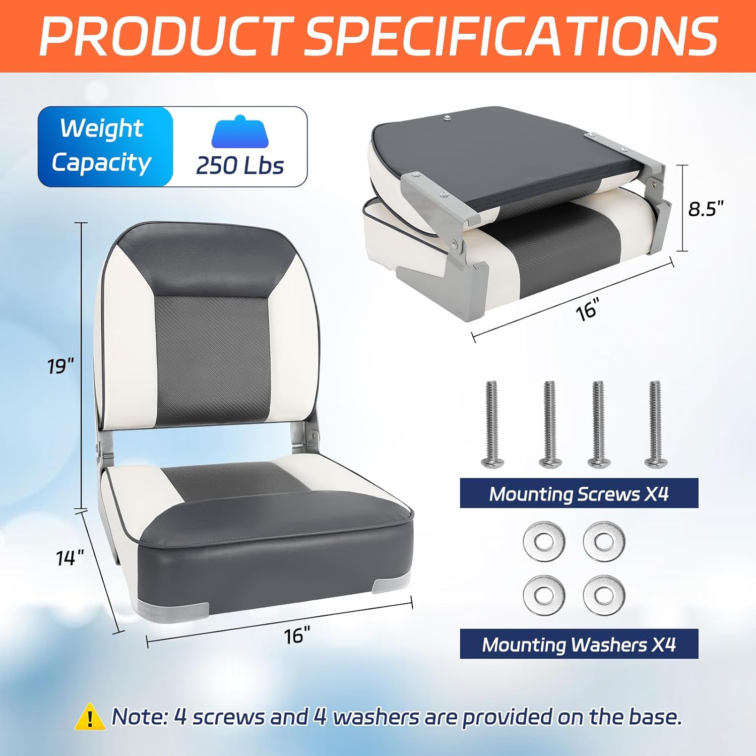 Boat Seats 2 Pack, Skureay Low/High Back Fishing Folding Boat Seat Waterproof Captain Boat Chair，Boatseat 2 Pack Suitable for Jon/Pontoon/Canoe/Bass Tracker Boat seats-UNIQUE Color Design (Gray/White)